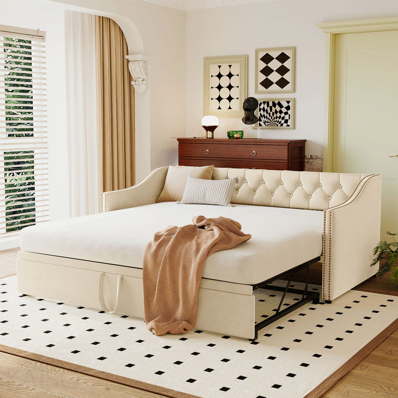 Lit de jour simple tapissier avec couchette escamotable, beige, Beige