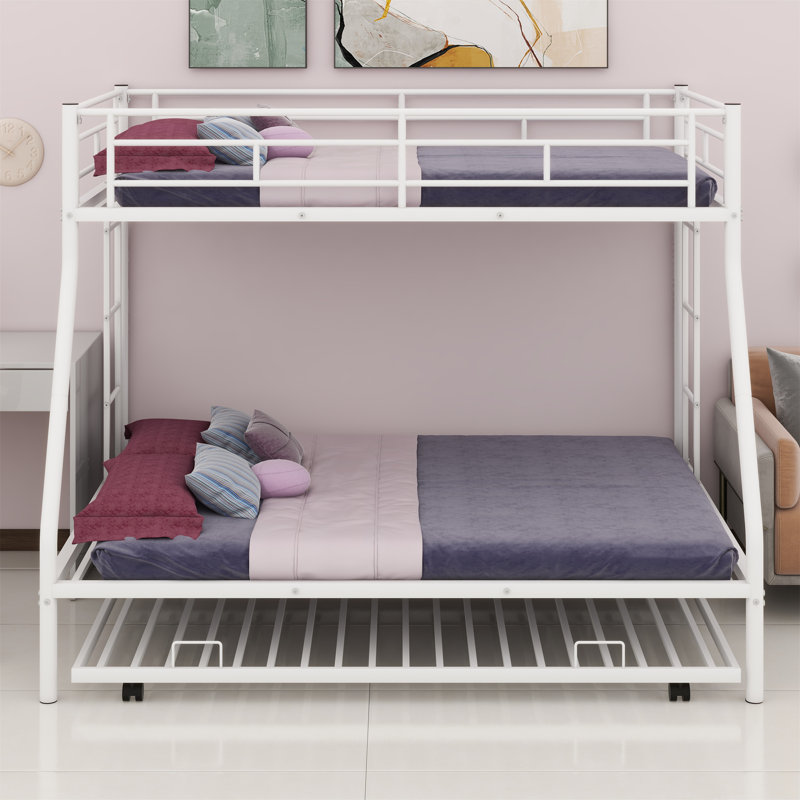 Bunk Bed With Trundle Bed, Two-Side Ladders, White
