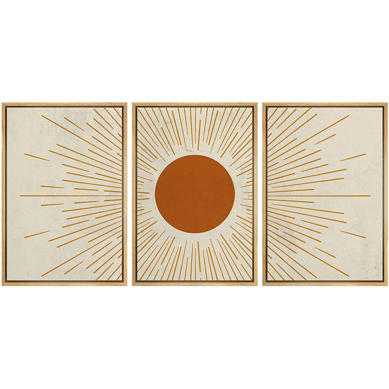 Géométrique, orange brûlé, soleil brillant, astronomie et ciel de l'espace - 3 pièces, cadre flottant, impression sur toile