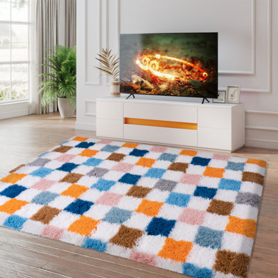 Checkered Fluffy Rug 6x9 Ft Washable Shaggy Fluffy Rug for Bedroom Living Room Plaid Runner Rug Fuzzy Shag Carpet Non-Slip for Kids Toddler Room Nursery Playroom