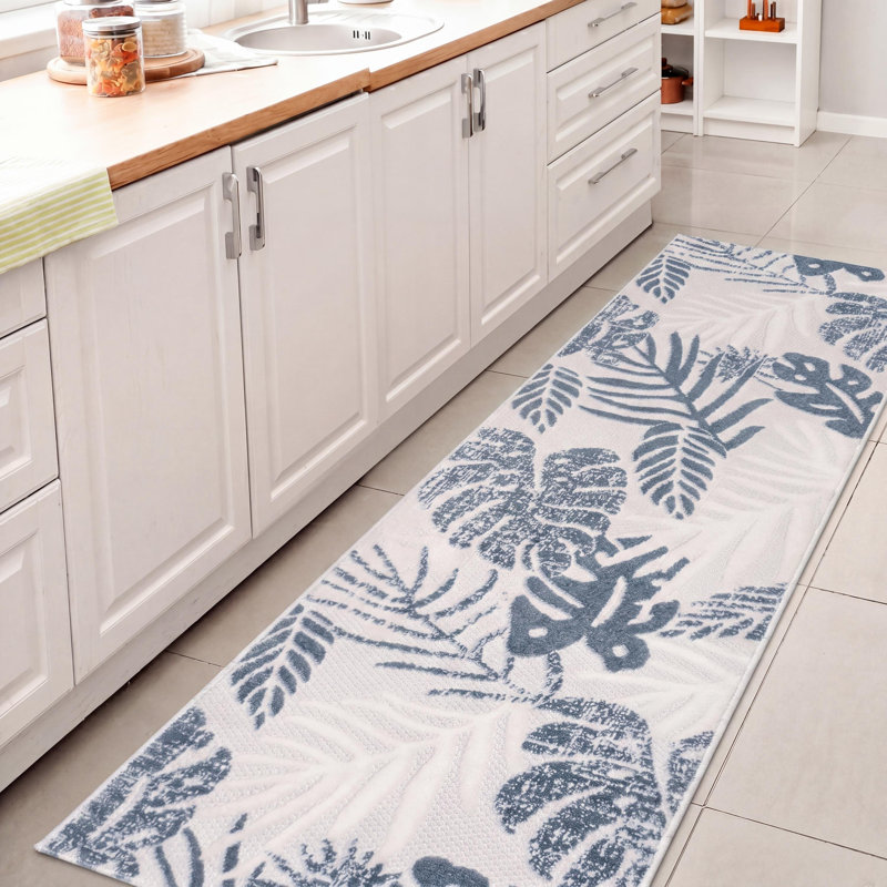 Tapis d'intérieur / extérieur Monstera, Tapis de couloir 2 pi 3 po x 8 pi, Cream/Dark Blue