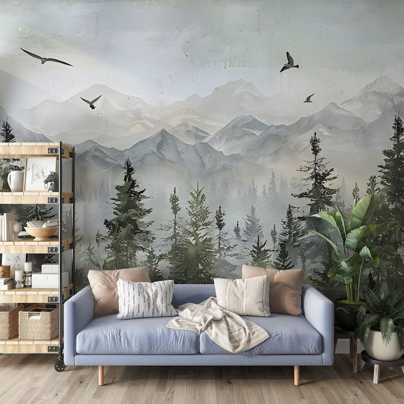 Misty Forest Mountain Landscape Wall Mural, 106" L x 138" W