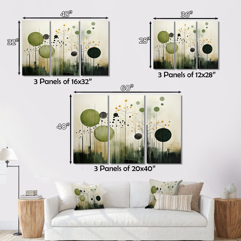 Vert, beige, scandinave moderne scandinave I - art mural moderne-scandinave, H 16 po x l 32 po x P 1 po, Cadre simple argenté