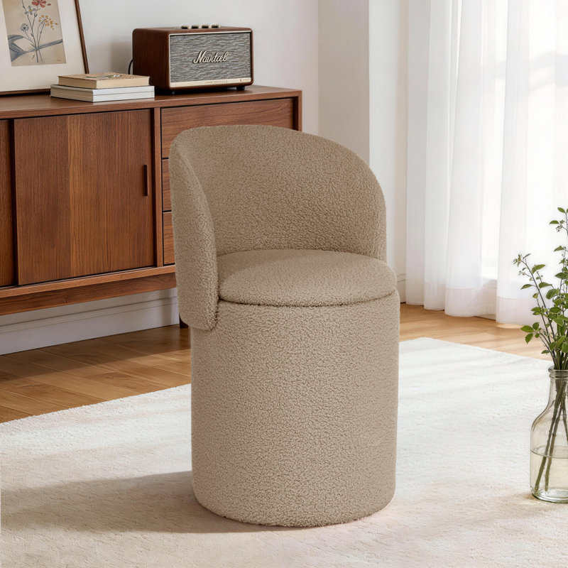 Round Ottoman with Storage, Modern Ottoman with Foldable Backrest, Sherpa Upholstered Ottoman for Living Room and Bedroom