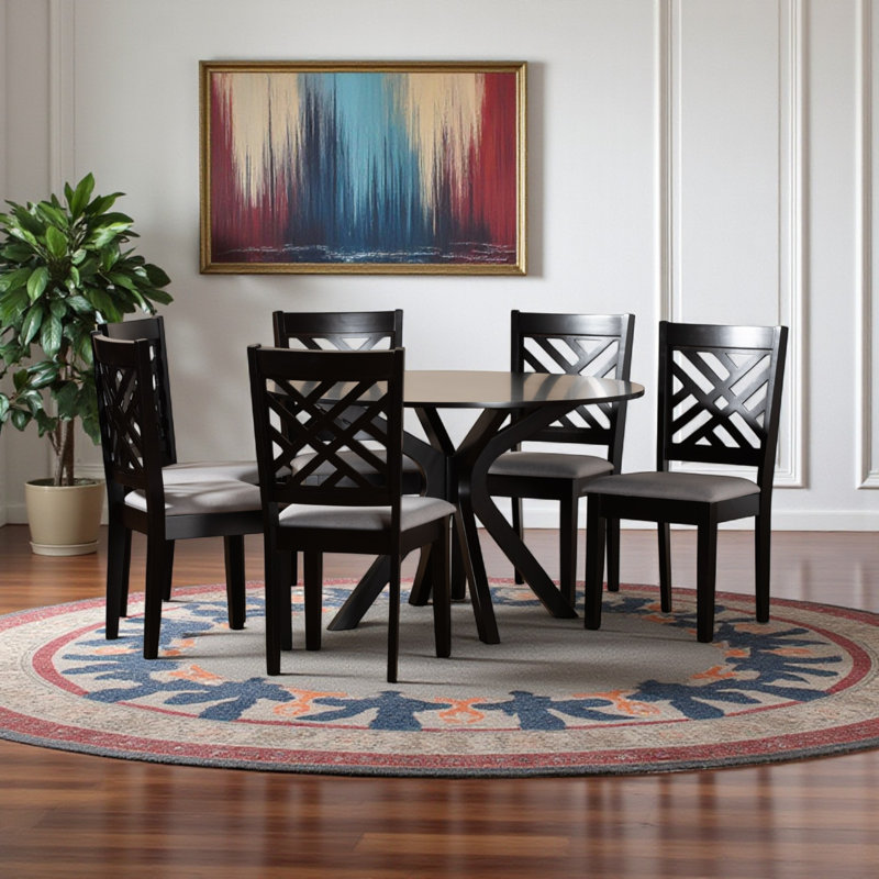 Ashlyn 7-Piece Gray Fabric Upholstered & Espresso Finish Dining Set, 29.68" H X 44.55" W X 44.55" D, Dark Brown