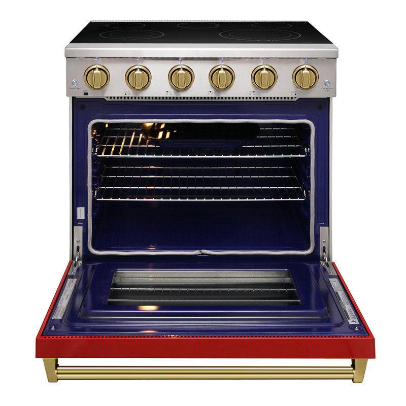 Cuisinière électrique professionnelle KOSTCH de 91 cm (36 po) avec surface de cuisson à 5 éléments chauffants, four à convection d'une capacité de 170 litres (6 pi³), four à surface en verre lisse rouge avec accents bronze
