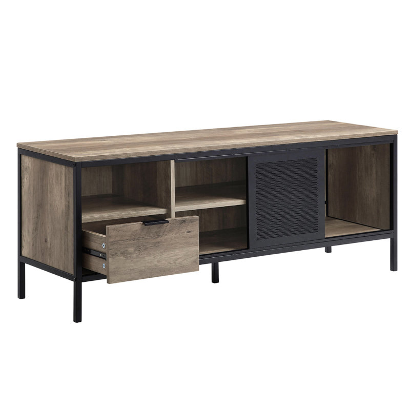 50 - 59 Inch Tv Stand, Rustic Oak, Black Metal Frame, 1 Drawer, 4 Storage Compartments, Flat Screen 55 Stand With Oak And Design, Drawer Compartments For Entertainment Center