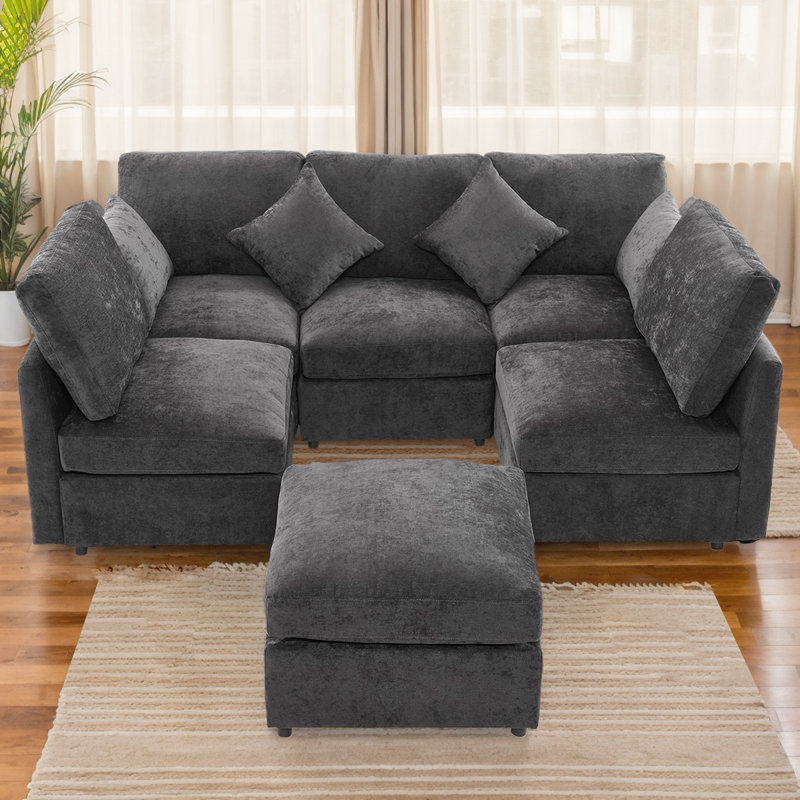 Canapé modulaire convertible avec fonction couchette et chargement USB, repose-pieds mobile, Chenille grise foncée