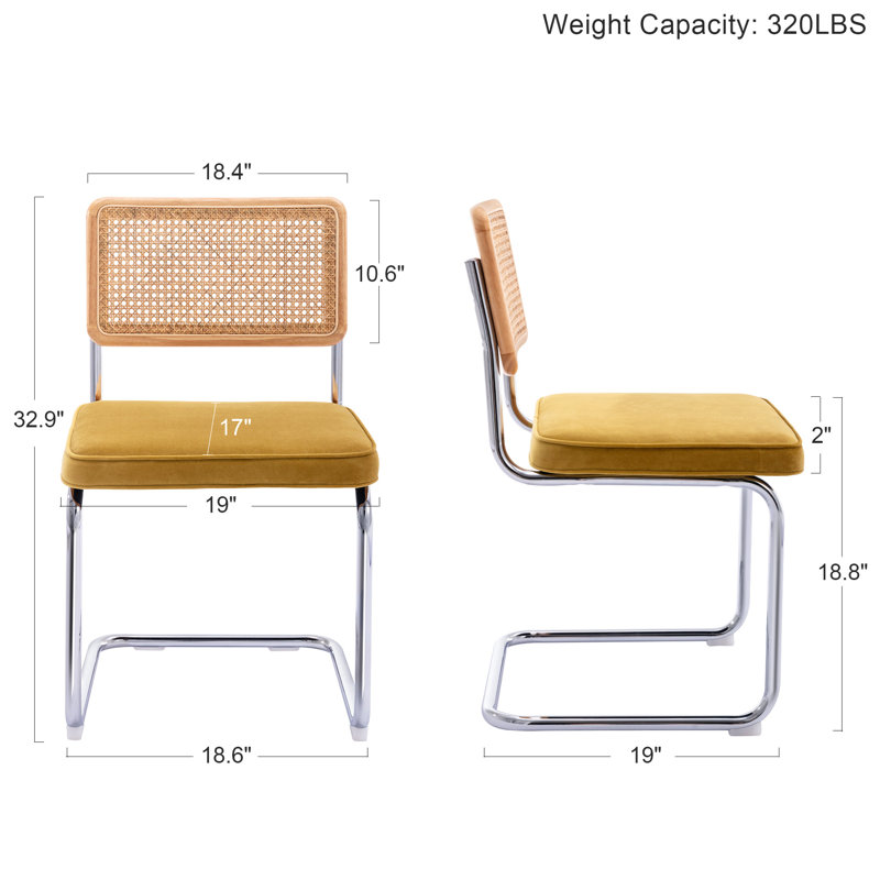 Yellow Velvet Upholstered Side Chair with Chrome Legs and Cane Back