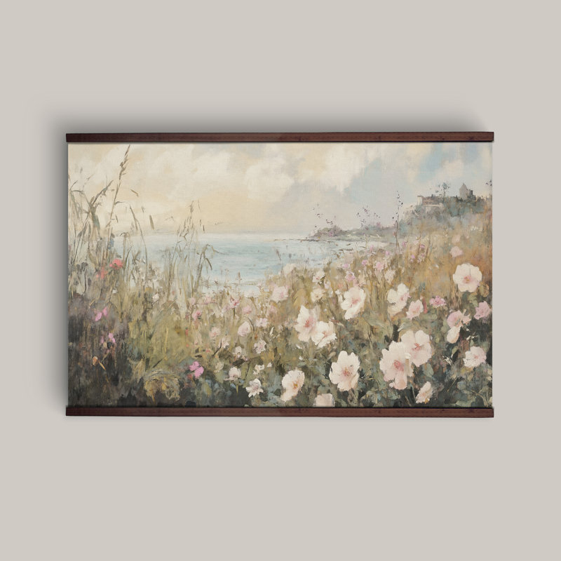 Tapisserie, décor de ferme, décoration murale champ fleuri, grande suspension murale, H 40 po x l 60 po