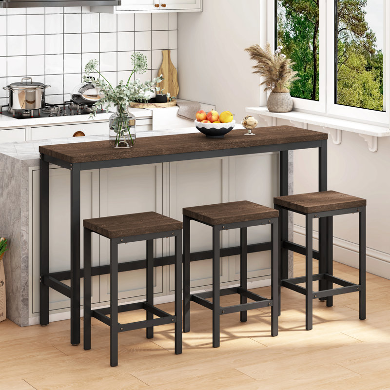 Table de salle à manger de cuisine moderne, table de pub, ensemble de table de salle à manger longue avec 3 tabourets, assemblage facile, brun foncé