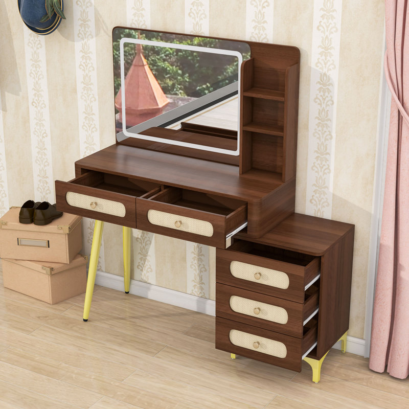 Bureau de coiffeuse en bois avec miroir lumineux, 5 tiroirs et tablettes de rangement, Brun