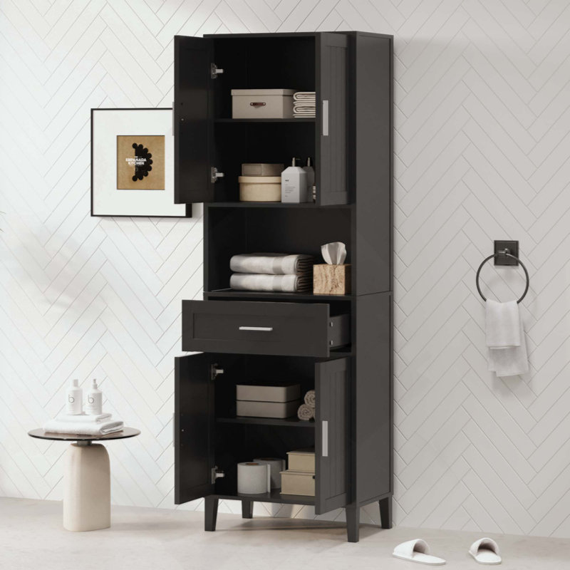 Grande armoire de rangement autoportante avec 4 portes à fermeture douce, 1 tiroir et 2 tablettes réglables pour la salle de bain, le salon et la salle de lavage