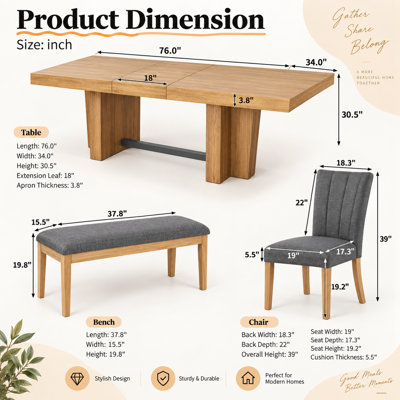 Cavressa 6-Piece Farmhouse Extendable Dining Table Set, Kitchen Table with 18" Removable Leaf, 4 Upholstered Chairs, Padded Bench and Trestle Base