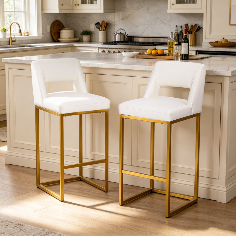 26 Inch Fresh Look Upholstered Faux Leather Counter Height Bar Stools With Metal Frame, White Seat/Gold Frame, 2