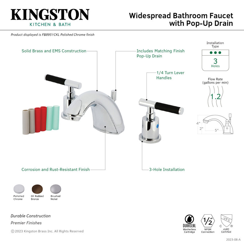 Kingston Brass Kaiser Two-Handle 3-Hole Deck Mount Widespread Bathroom Faucet with Retail Pop-Up Drain, Polished Chrome