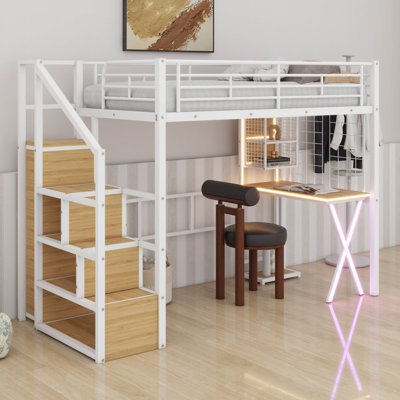 Lit mezzanine simple avec escalier de rangement, poste de travail, garde-robe et DEL, lit mezzanine en métal