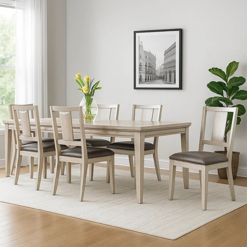 Ensemble de table de salle à manger 7 pièces Witzy, 6 chaises à panneaux, chêne blanc moderne