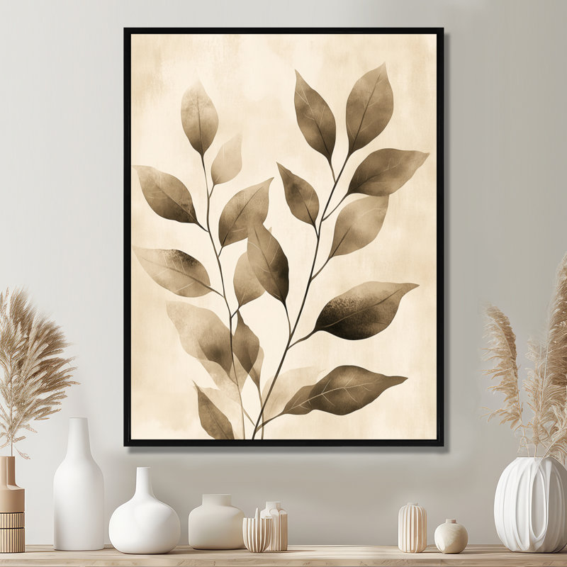 Décoration murale neutre botanique silhouette I - Beige, H 32 po x l 24 po, Cadre flottant noir