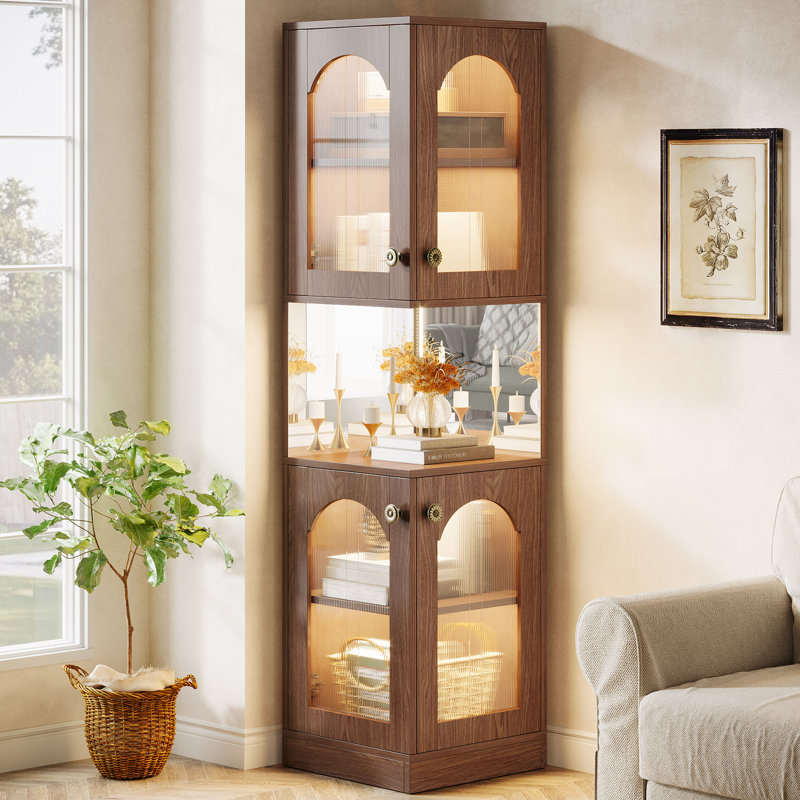 78” Rustic Corner Bookshelf Bookcase With Doors, Corner Display Cabinets With Led Light
