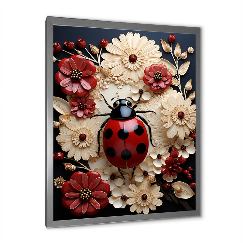 Décoration murale curieuse en papier mâché coccinelle - coccinelle, Cadre simple argenté, H 40 po x l 30 po x P 1,5 po