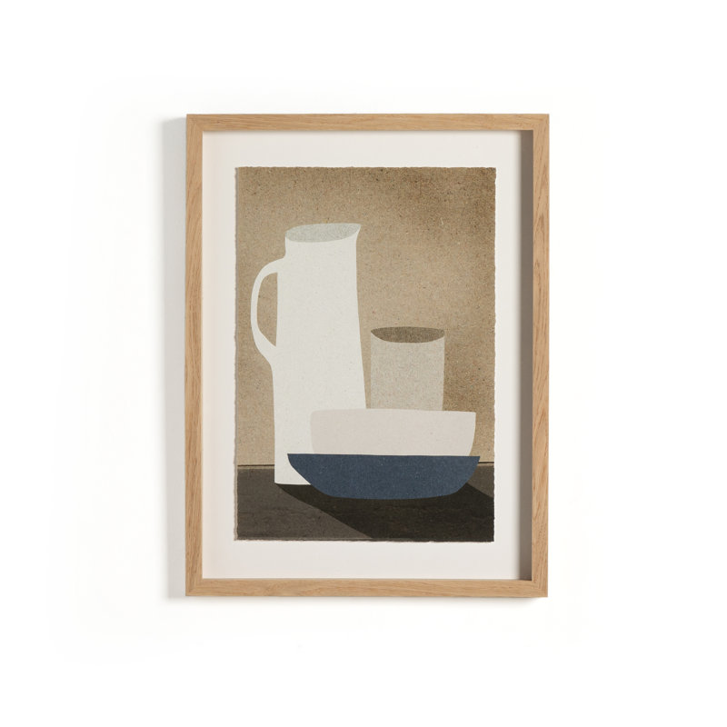 Jug and Bowls Sepia Framed Print in Oak Wood