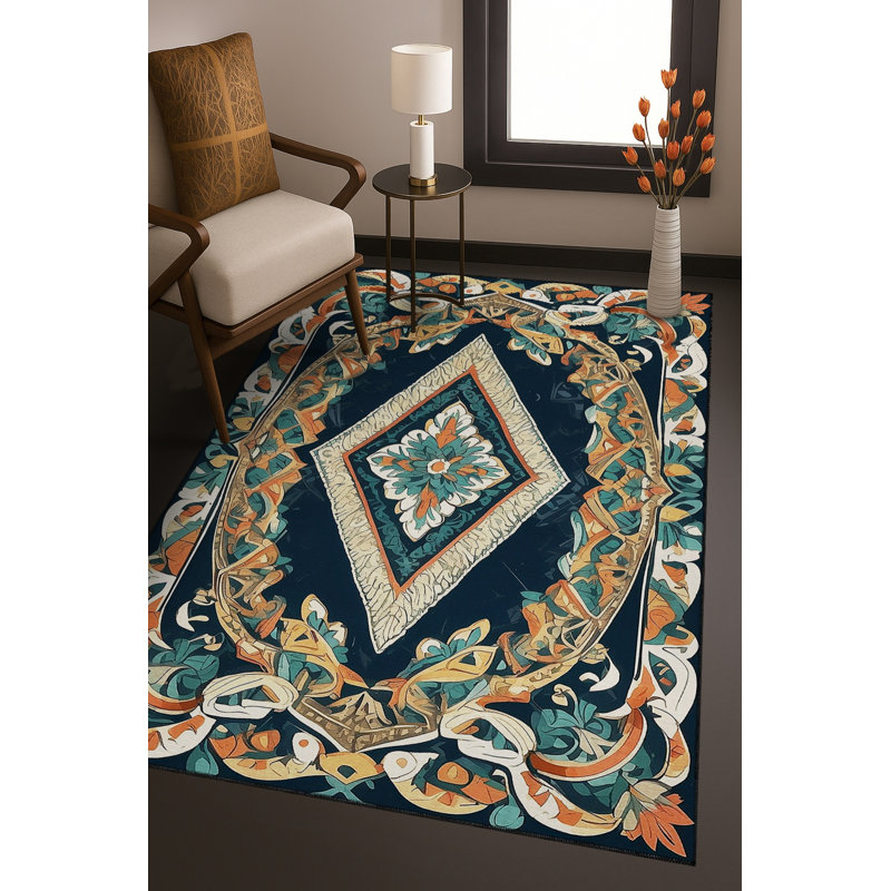 Tapis bleu tissé lavable rétro Mosso, 3'3" x 4'11"
