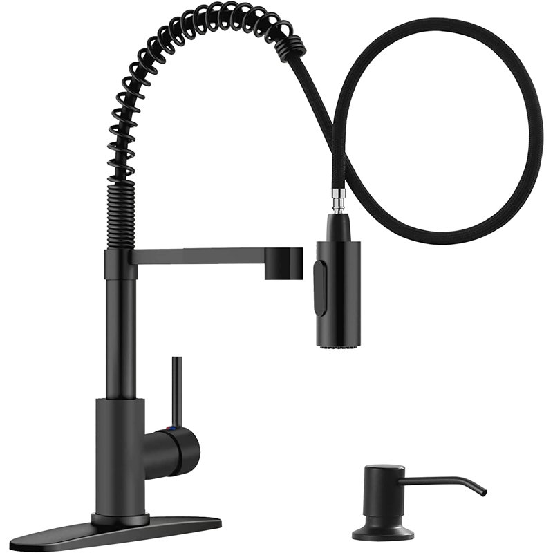 Robinet de cuisine rétractable à poignée simple avec distributeur de savon, Noir mat