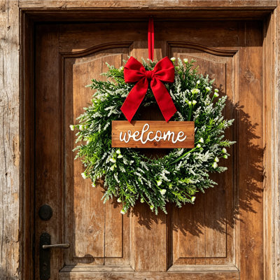 1Pcs Lavender Welcome Wreath - 17.5 Inch Artificial Floral Door Wreath with Wooden Welcome Sign, UV Resistant for Front Porch, Indoor/Outdoor Spring Summer Decor"