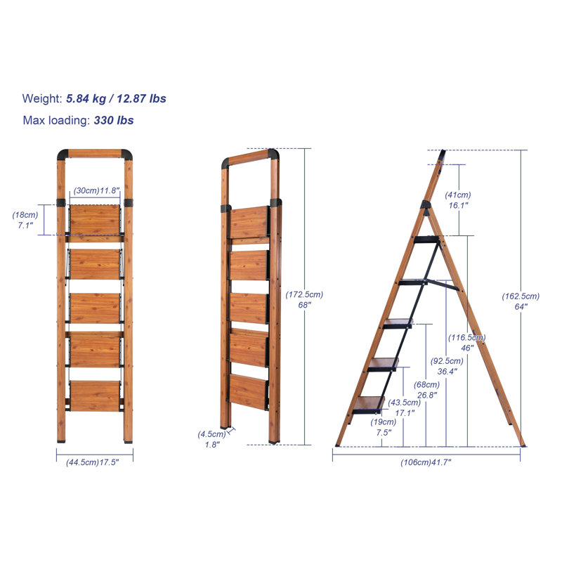 5-Step Folding Step Ladder,Aluminum with Woodgrain Finish & Anti-Slip Steps,330 lb. Capacity