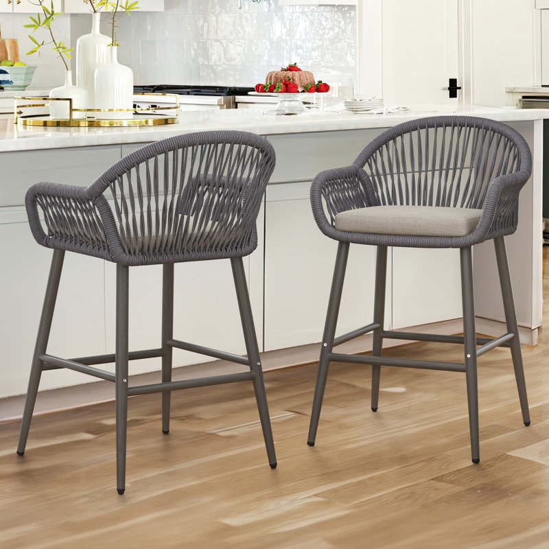 Tabouret de bar extérieur en aluminium avec dossier en corde tissée, Gris clair, Gris ardoise