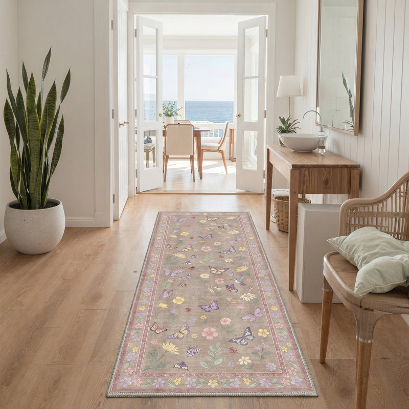 Adonis Vespera Floral Machine Washable Pink / Brown Indoor Area Rug with Non-Slip Backing, Runner 2' x 6'