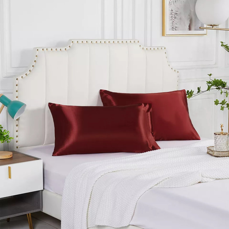 2 Pack Luxury Satin Silk Pillowcase Silk Cover Standard Queen King Pillow Cover, 20”×40” Black, Wine Red