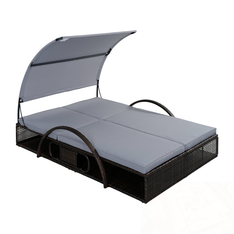 Outdoor Chaise Lounge with Hidden Side Table and Arched Armrests, Gray