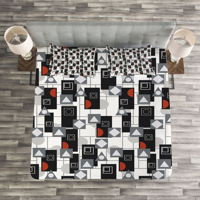 Rounds Rectangles and Triangles Modernistic Bedspread Set, 220 x 264 cm