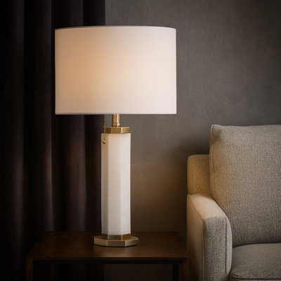 Modern Alabaster Table Lamp For Living Room Decor - Stylish Bedside Or Desk Lamp For Bedroom Small Accent Tables - 28", White & Gold