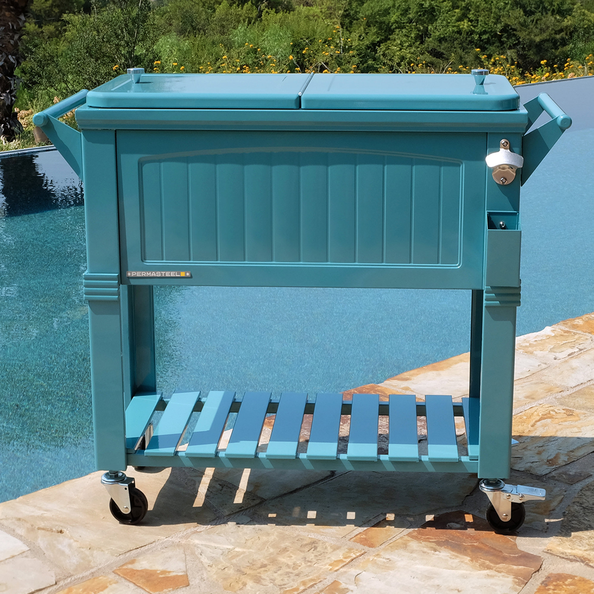 Permasteel 80 Qt. Furniture Style Rolling Patio Cooler, With Divider, Teal