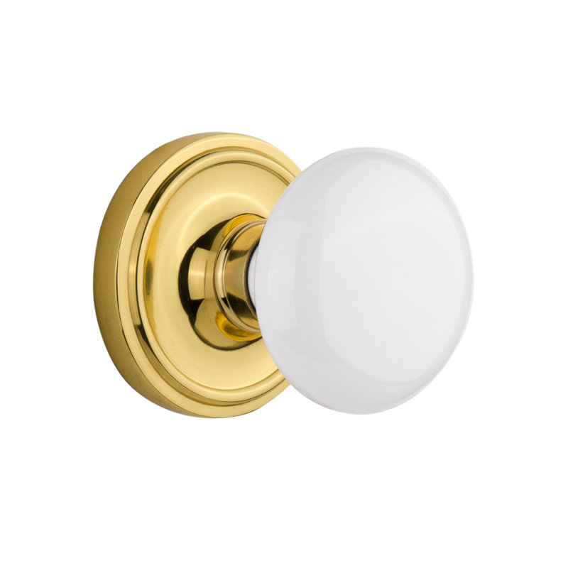 Classic Rosette with White Porcelain Door Knob, Unlacquered Brass