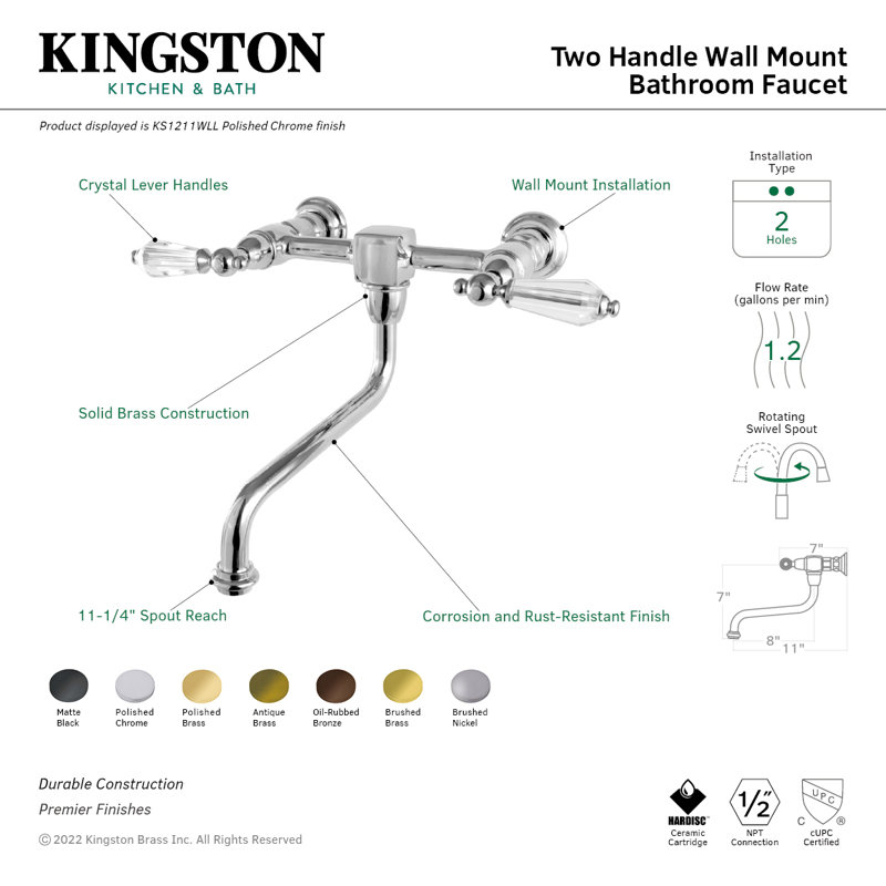 Kingston Brass Wilshire Two-Handle 2-Hole Wall Mount Bathroom Faucet, Oil Rubbed Bronze