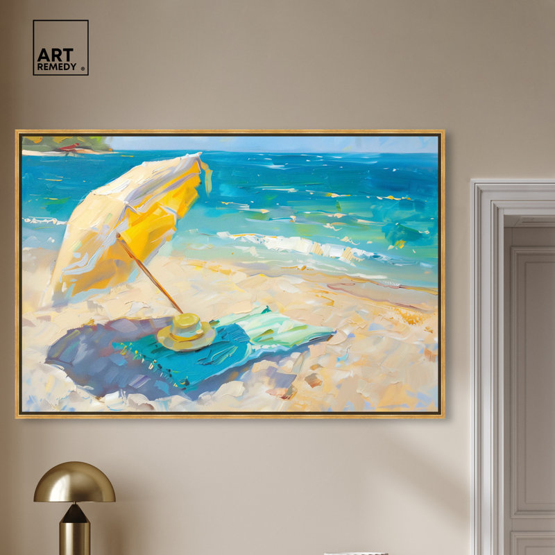 Morning Beach View Colorful Coastal Canvas Wall Art with Gold Frame