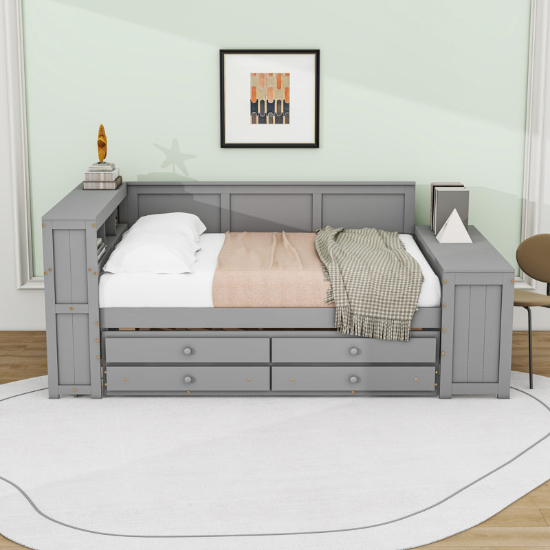 Full-Size Daybed with Built-In Desk, Storage, and LED Lighting, Gray