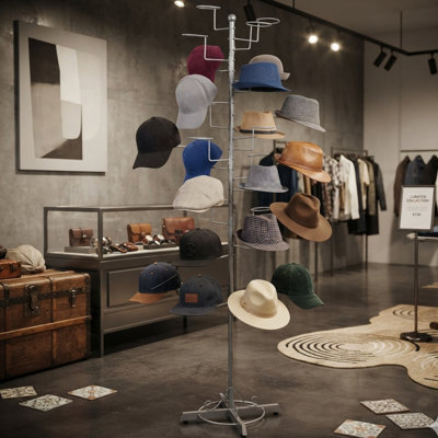 Freestanding Hat Rack with 20 Adjustable Hooks, Silver Metal Hat and Wig Display Stand