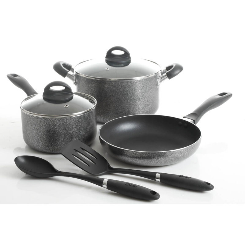 Batterie de cuisine en aluminium 7 pièces Oster Clairborne avec ustensiles de cuisine, gris anthracite avec poignée en bakélite