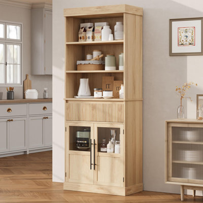Armoire de rangement de 70 po de hauteur avec tiroir, 2 portes vitrées et 3 tablettes, armoires en bois pour la cuisine, le salon, la salle à manger et le vestibule