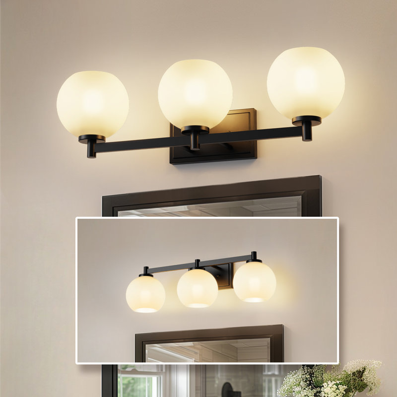 Choi 25 po Éclairage pour salle de bain 3 lumières avec abat-jour en verre sphérique noir pour salle de bain, salon, vestibule