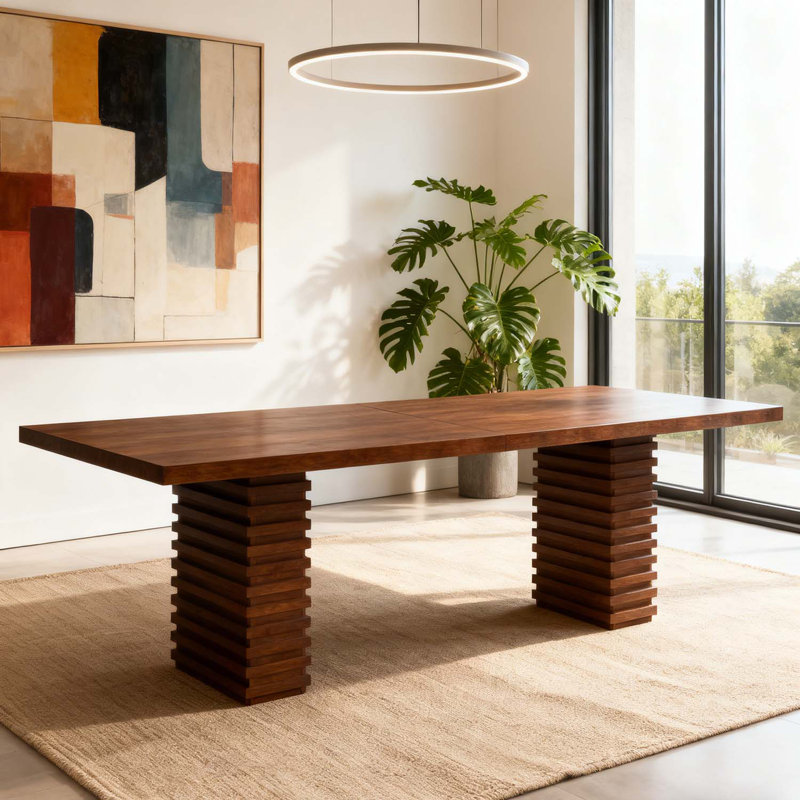 Modern Dining Table With Robust Double Pedestal, Walnut