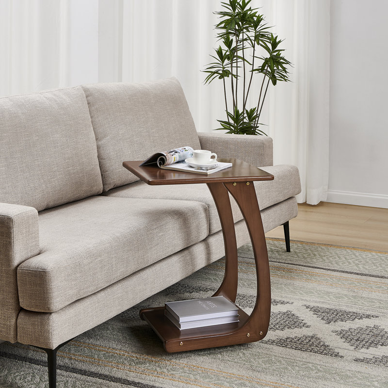 Emerson C-Shaped Side Table with Wheels, Walnut Color