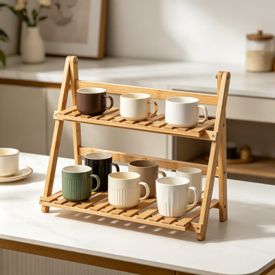 Organisateur de station de café en bambou à 2 niveaux, porte-gobelet de comptoir et présentoir, tablette de rangement pliable pour la cuisine, le salon, le bureau et le support à pot de fleurs