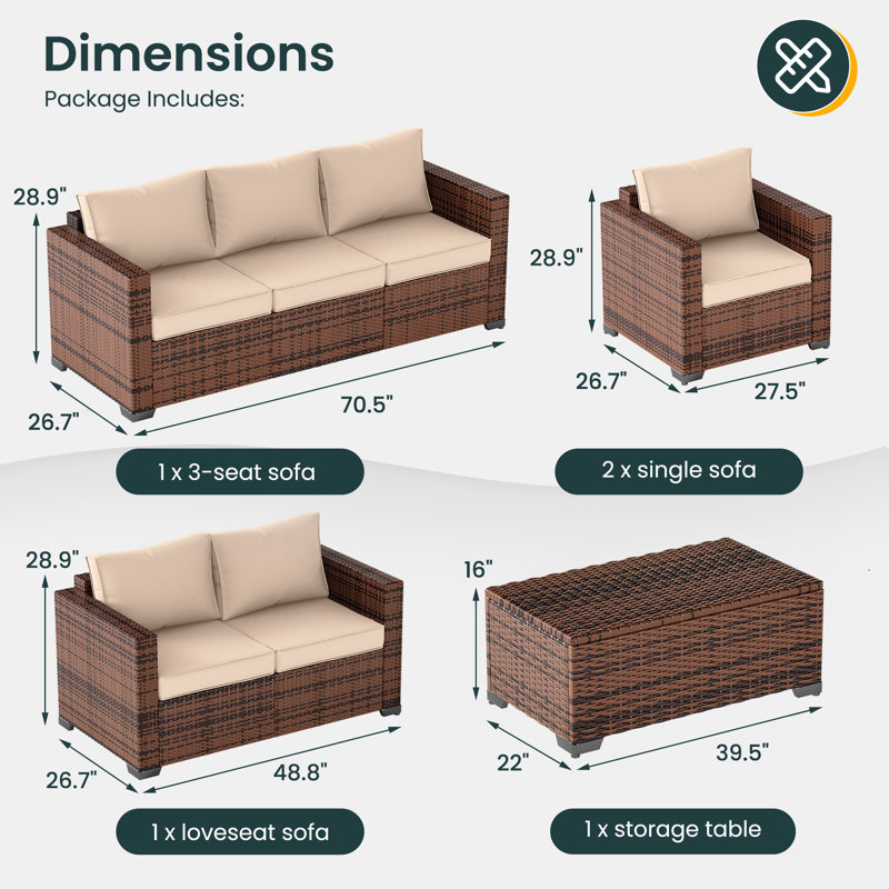 Azoriah 7 -  Person Oversized Armrest Outdoor Sectional Furniture Rattan Sets w/Storage Table, Khaki