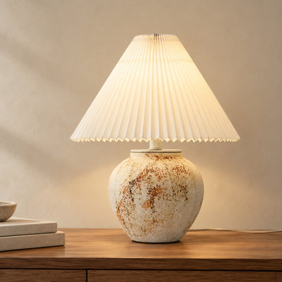 1-Light 19" Organic Modern Ceramic Urn Table Lamp with Pleated Linen Shade